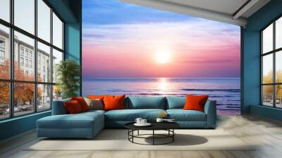 Beautiful morning sunrise, blue sea, pink sky, white clouds, yellow sun glow, golden reflection on water, peaceful landscape, quiet sunset on ocean beach, dawn seascape, Thailand, Koh Samui island Wall mural