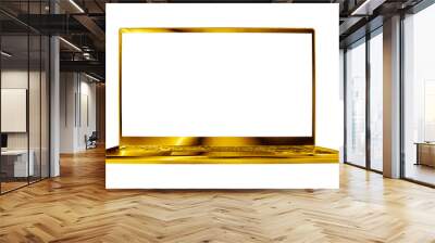 Golden laptop blank screen white background isolated close up front view, gold metal computer, open empty display, modern slim design, pc mockup, notebook template, luxury rich concept, copy space Wall mural