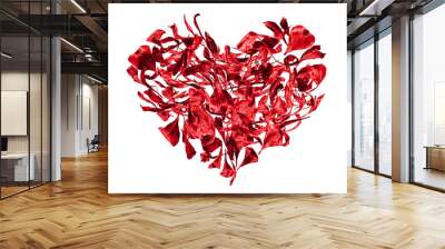 Red heart made of flower petals on white background isolated close up, beautiful heart shape floral pattern, valentines day sign, love symbol, romantic holiday decoration, greeting card design element Wall mural