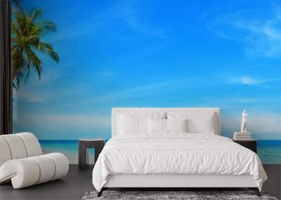 Sea beach panorama, tropical island panoramic landscape, turquoise ocean water, coconut palm tree leaves, sand blue sky sun white cloud, summer holiday, vacation, travel, Caribbean, Thailand, Maldives Wall mural