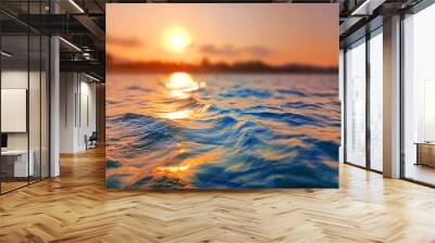 Sea wave splash, sunset blurred bokeh background, ocean water surf ripple texture, sunrise soft focus, tropical island beach dawn, sundown orange sun shine reflection, summer holiday, vacation, travel Wall mural