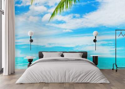 tropical island paradise beach nature, blue sea wave, ocean water, green coconut palm tree leaves, y Wall mural