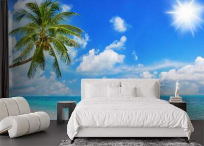 Tropical island paradise sea beach, ocean water, green coconut palm tree leaves, sand, sun blue sky cloud, beautiful nature panorama landscape, Caribbean, Maldives, Thailand, summer holidays, vacation Wall mural