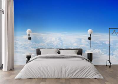 White cumulus clouds clear blue sky background, aerial beauty cloudscape panoramic view from above, high azure skies panorama, fluffy cloud backdrop, sunny heaven, cloudy flight landscape, copy space Wall mural