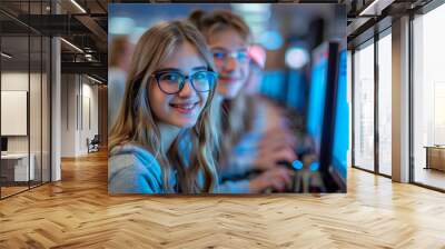 The beautiful, smiling young women wearing glasses are learning computer skills and training business interns in the night office, under the guidance Wall mural