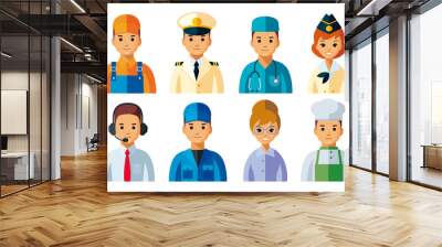 Vector set of different professions man and woman. Occupations avatars, icons flat illustration. Men and women cartoon characters in uniform isolated. Wall mural