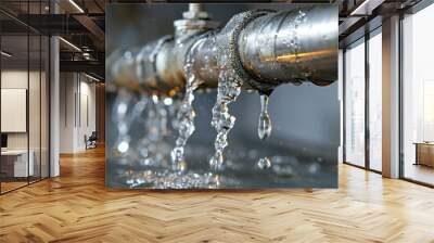 Water Leakage from a Stainless Steel Pipe on a Grey Surface Wall mural