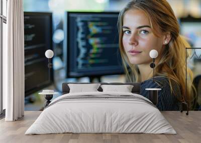 Young woman coding on computer with two monitors in office. Wall mural