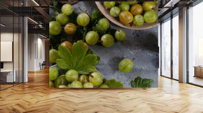 Flat lay with gooseberries in plates  and scattered on the table  Wall mural