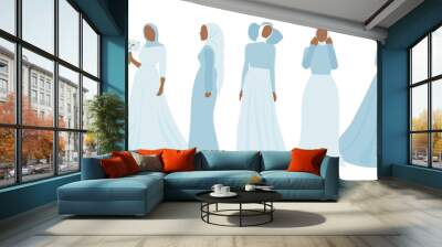 Abstract faceless portraits of women in dress and hijab. Set of beautiful muslim brides. Modern vector illustration isolated on white background Wall mural