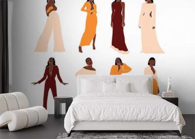 Big set fashion stylish abstract women in trendy style. Collection of beautiful black female. Woman outfit. Minimal vector illustration isolated on white background Wall mural