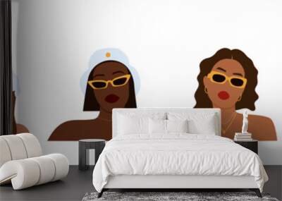 Set of abstract portraits of different women in sunglasses. Summer looks of female. Faceless beach characters. Minimalist vector illustration isolated on white background Wall mural