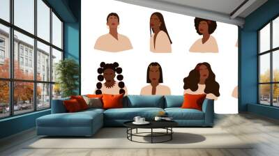 Set of portraits of faceless women. Collection of abstract dark-skinned girls with different hairstyles. Trendy minimal vector illustration isolated on white background Wall mural