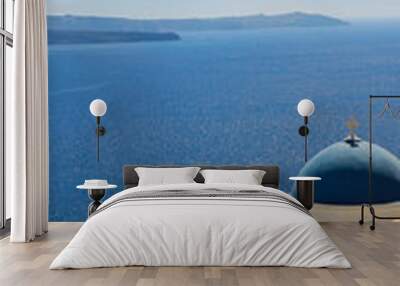 Greece santorini view with blue dome church. Mediterranean white and blue summer landscape. Wall mural