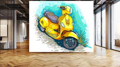 Sketch style vector illustration of yellow motorbike, scooter standing by the blue wall. Wall mural