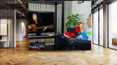 This old woman loves to knit while watching retro channels on TV and singing along to her favorite singers Wall mural