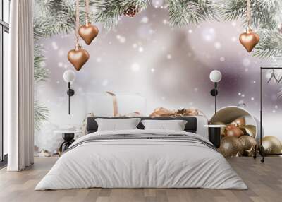 Christmas decoration on wooden background with free space. Celebration balls and other decoration. Christmas concept Wall mural