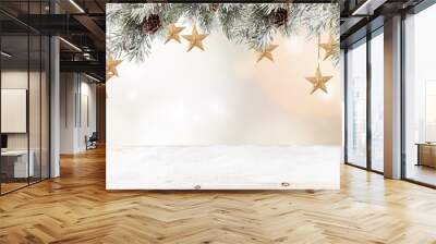 Christmas red ball with celebration decoration and blur background. Free space for text Wall mural