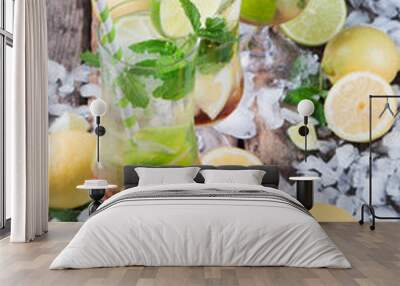 Mohito lime drinks on wooden with blur beach background Wall mural