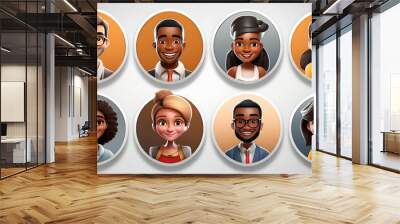 3d render, people avatar collection. Set of round stickers with cartoon character faces, user id thumbnail, modern icons for social account design. Portrait circles isolated on white background Wall mural