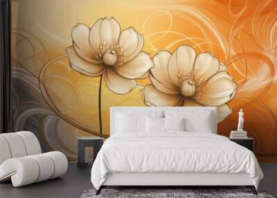 a digital painting of two flowers on a yellow and orange background with swirls and lines in the foreground. Wall mural