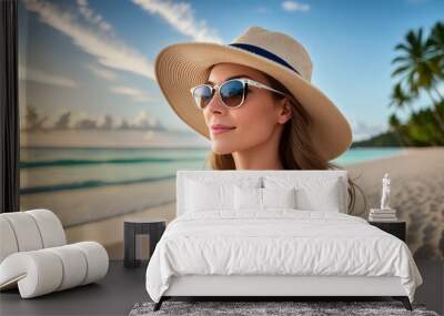 a woman wearing a hat and sunglasses on the beach. generative ai Wall mural