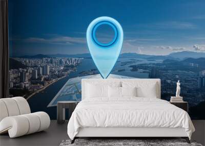 Gps navigation pin location map on travel pointer icon 3d background with blue web contact marker sign concept or global address place position navigator guide and simple find direction mark symbol. Wall mural