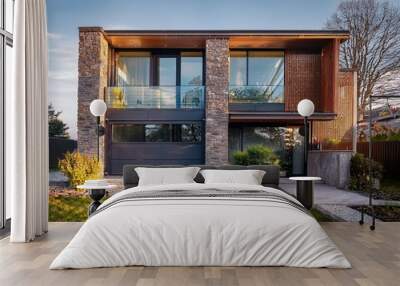 Modern Two Story House with Glass Windows and Stone Walls Wall mural