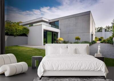 Modern White House with Grey Concrete Wall and Green Landscaping Wall mural