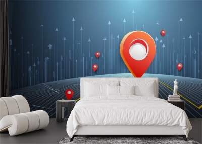 Pin location map travel road navigation marker of direction place point icon or gps global position system mark sign and searching city route target symbol pointer on destination 3d arrow background. Wall mural