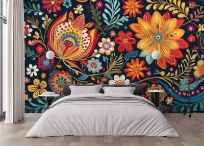 Vibrant folk floral pattern on dark background for design inspiration Wall mural