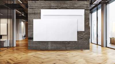 Blank envelopes on wooden background. Back and front view. Template for ID. Top view. For design presentations and portfolios. Wall mural