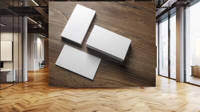 Photo of blank business cards on wooden background. Template for ID. Top view. Wall mural