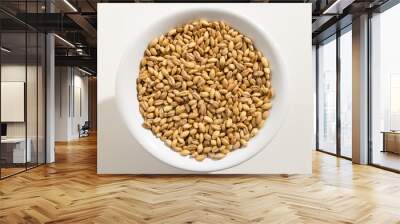 Barley cereal grain. Top view of grains in a bowl. White background. Wall mural