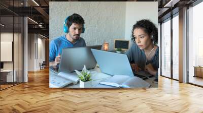 Focused Young freelancer couple with headphones working and typing in laptop. Inside the house in iving room. Freelance, home office, remote work, online concept. Wall mural