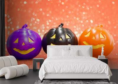 Halloween background concept. jack O pumpkin faces bright colorful orange backdrop. Wall mural