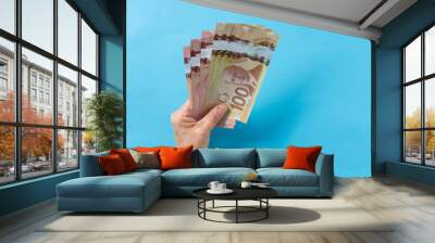 Paper notes from Canada. Dollar. Top view of old woman's hand handling bills. Wall mural