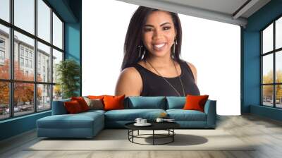 portrait of Black brazilian woman with a long straight hair looking at camera with joyful smile. Isolated on white background. Wall mural