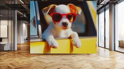 Dog wearing sunglasses in car window, enjoying sunny day Wall mural