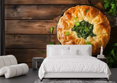 Savory pie with greens and pastry crust, garnished with herbs Wall mural