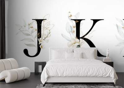 Black Dark Floral Alphabet Set Collection - letters I, J, K, L with white flowers, green gold botanic branch bouquet composition. Wedding invitations, baby shower. Rose, peony, eucalyptus, chamomile. Wall mural