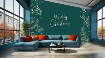 Christmas illustration with gold floral wreath / frame on green background. Postcard / greeting card. Winter design. Merry Christmas! Wall mural