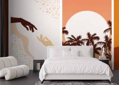 Collection of contemporary abstract art posters. Paper cut male & female, abstract & floral collages, landscape scenes. Design for social media, wallpapers, postcards, prints, romance. Wall mural