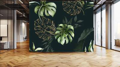 Green and gold tropical leaves on dark background. Watercolor hand painted seamless pattern. Floral tropic illustration. Jungle foliage. Wall mural