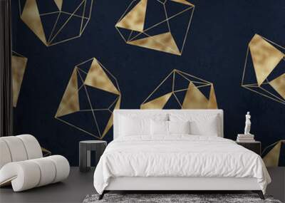 Seamless geometric pattern on navy background. Abstract gold polygonal geometric shapes / crystals, golden glitter triangles, geometric, diamond shapes. Wall mural