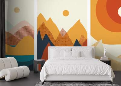 Vector. Set of costructivism abstract posters landscapes. Geometric shapes, template design, modern minimal wall art, terracotta color elements. For flyer, poster, magazine or brochure. Avant garde.  Wall mural