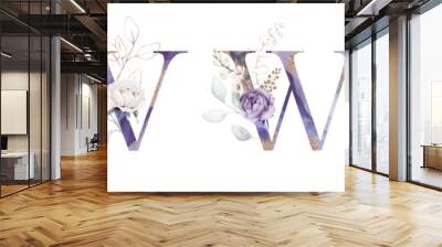 Violet Purple Gold Floral Alphabet Set Collection - letters U, V, W, X with purple flowers, green gold botanic branch bouquet composition. Wedding invitation, birthday, baby shower. Rose, peony. Wall mural