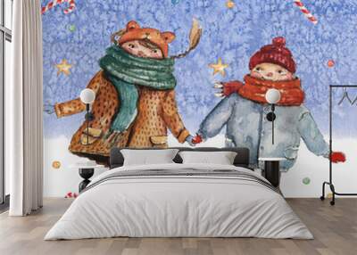 Watercolor Christmas illustration with children on icy Wall mural