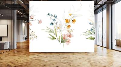 Watercolor floral bouquet illustration set - blush pink blue yellow flower green leaf leaves branches bouquets collection. Wedding stationary, greetings, wallpapers, fashion, background. Wall mural