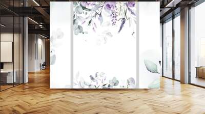 Watercolor floral illustration bouquet set collection blue violet purple green frame, border, bouquet, wreath; wedding stationary, greetings, wallpaper, fashion, posters background. Leaves, rose. Wall mural